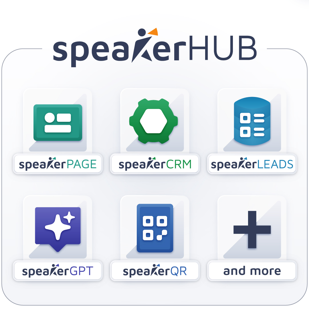 SpeakerHUB platform dashboard showing speaker management tools, lead tracking, and opportunity discovery features