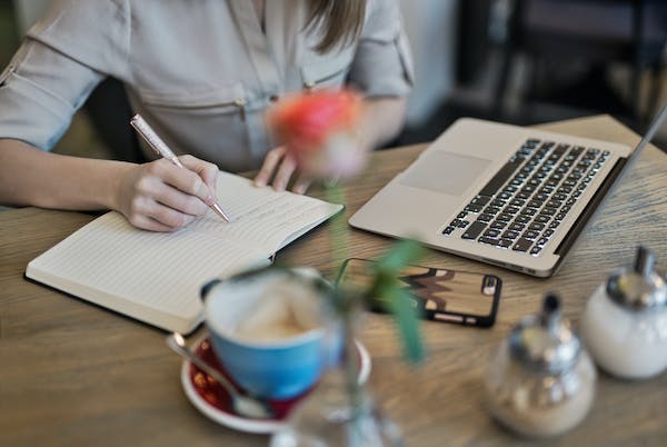 The setting suggests a productive work session in a cozy café ambiance. ☕📖💼