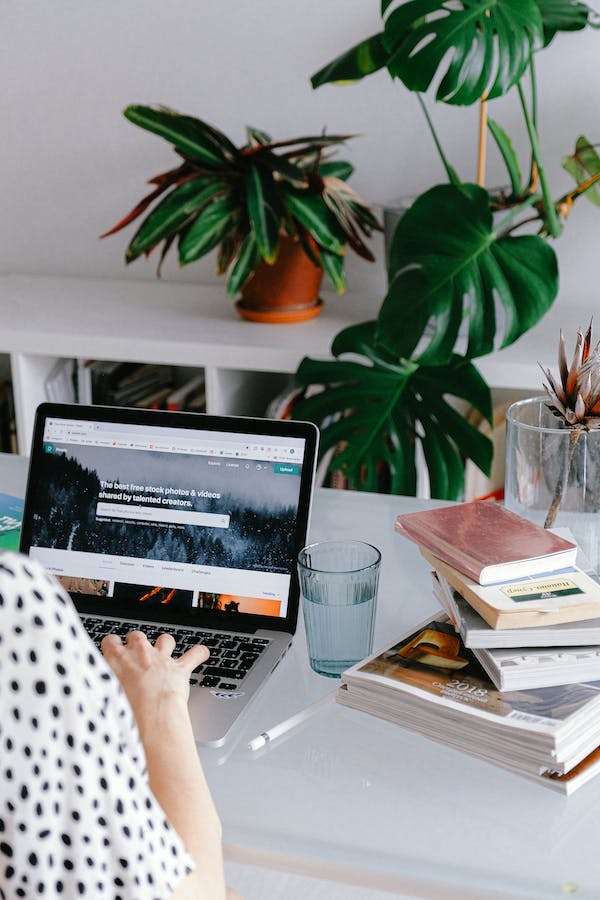 A vibrant workspace set against a backdrop of leafy green plants.