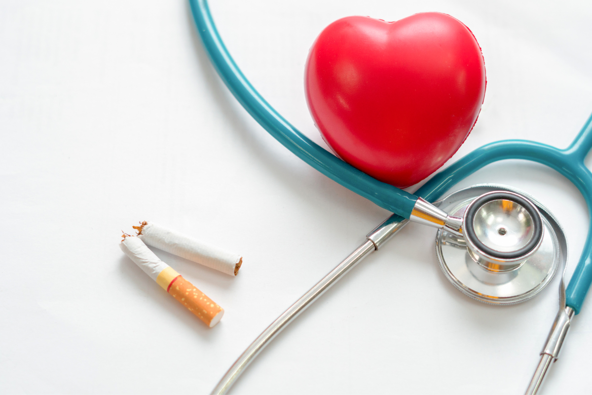 Cigarrillo roto junto a un estetoscopio y un corazón de plástico, simbolizando la relación entre el tabaquismo y los riesgos cardiovasculares. Cigarrillo roto junto a un estetoscopio y un corazón de plástico, simbolizando la relación entre el tabaquismo y los riesgos cardiovasculares.