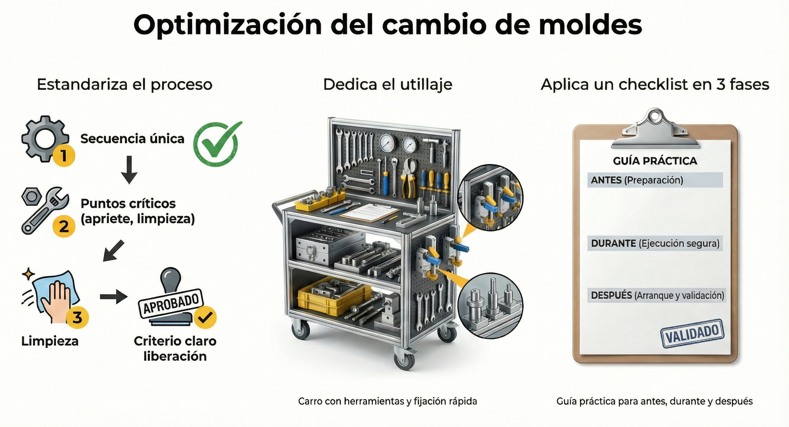 Infografía sobre estandarización del cambio de moldes para que el desempeño no dependa del “operario A”. Describe qué debe incluir un estándar robusto: secuencia única con pasos numerados, tiempo objetivo por bloques, puntos críticos (par de apriete, referencias, conexiones y limpieza), criterio de liberación (primera pieza OK con tolerancias) y reglas de escalado. Conecta con KPIs de planta (OEE, scrap y tiempos de cambio) para priorizar mejoras. Expone utillaje dedicado como acelerador de SMED: carro de cambio y shadow board con herramientas, dinamométrica, consumibles, galgas, checklist y repuestos; fijación rápida y referencias repetibles (topes, pasadores, apriete rápido, marcas visuales); conexiones rápidas y preajustes hidráulicos/neumáticos. Incluye plantilla de checklist en tres momentos: previa (verificación de molde/kit/receta, limpieza, izado, ruta y criterio de calidad), durante el cambio (seguridad, desmontaje, limpieza, montaje, conexiones y par de apriete) y arranque/liberación (inspección primera pieza, límites de ajuste, registro de tiempos/incidencias y OK de producción estable).