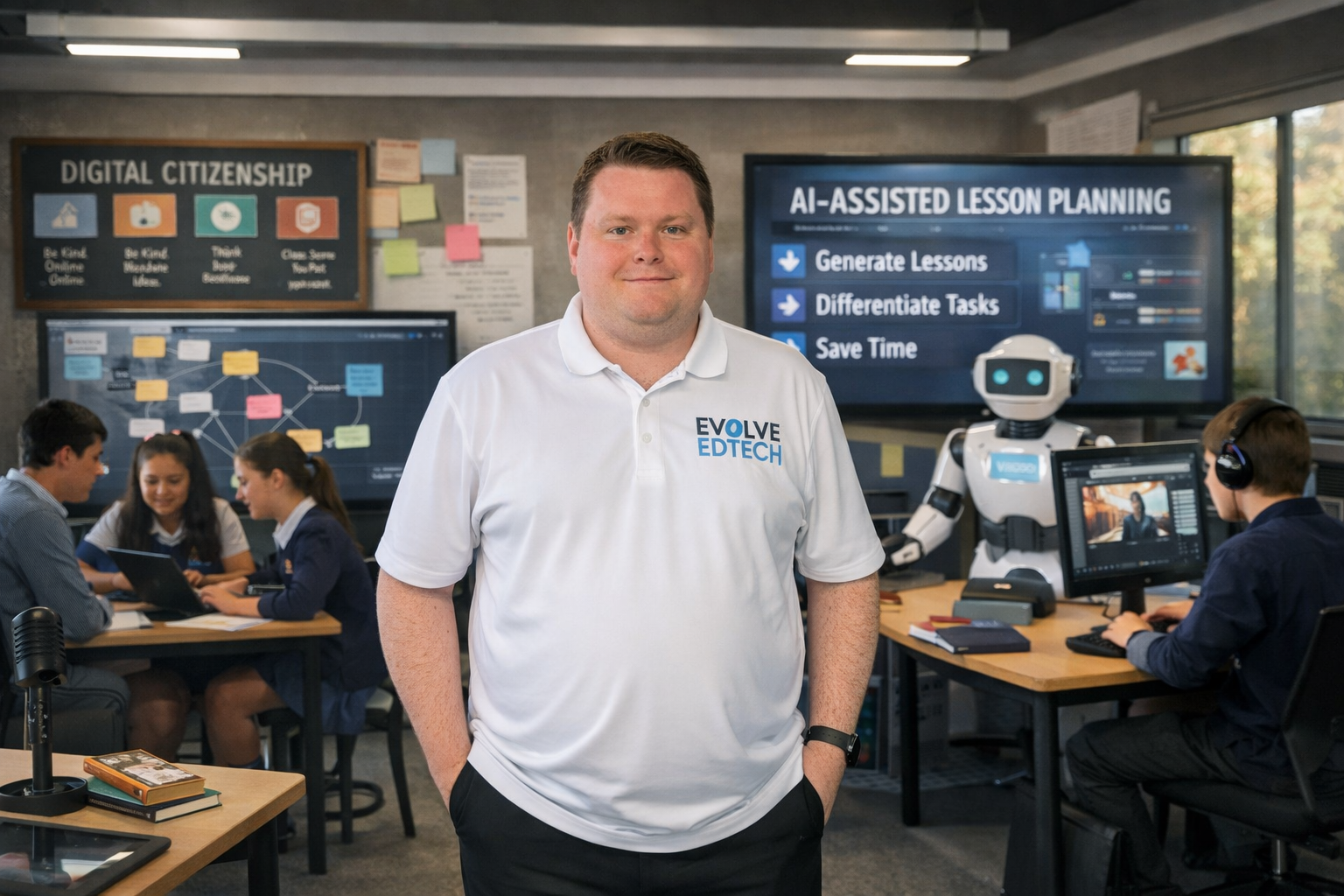 Educator in an Evolve EdTech polo standing in a modern classroom with students using laptops, AI-assisted lesson planning displays, and collaborative digital learning tools, representing future-ready education for 2026.