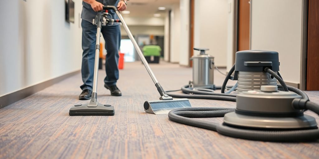 Commercial carpet cleaner working on a vibrant carpet. Commercial carpet cleaner working on a vibrant carpet.