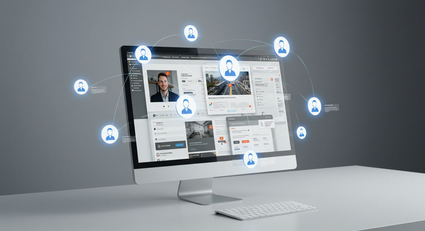 Representación visual de la personalización dinámica en sitios web mediante perfiles de usuario, destacando el diseño de experiencia de usuario (UX) adaptable, interfaces interactivas en tiempo real y conexiones entre comportamiento del usuario y contenido digital.