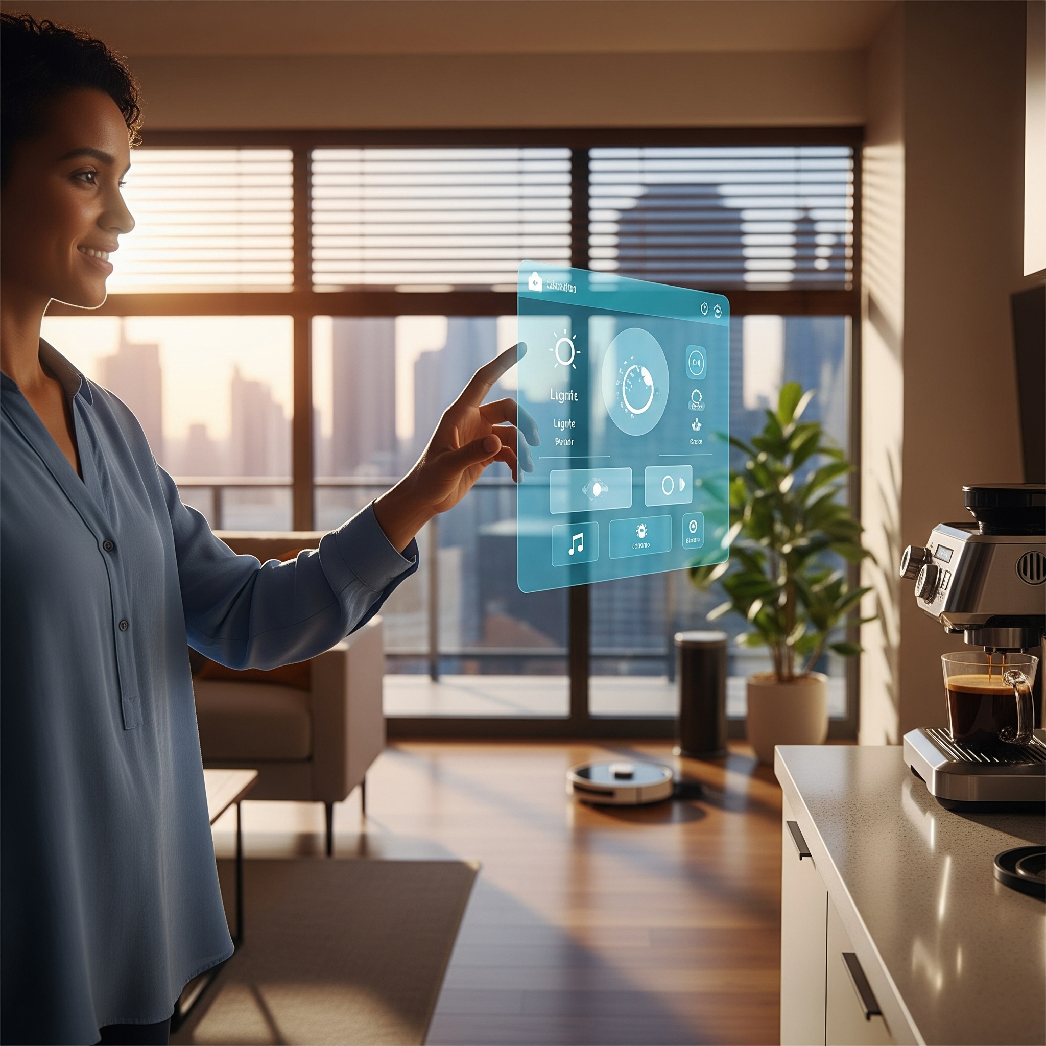 A smiling woman effortlessly controlling smart home features via a glowing holographic screen." (More descriptive, highlights the ease and positive interaction) A smiling woman effortlessly controlling smart home features via a glowing holographic screen." (More descriptive, highlights the ease and positive interaction)