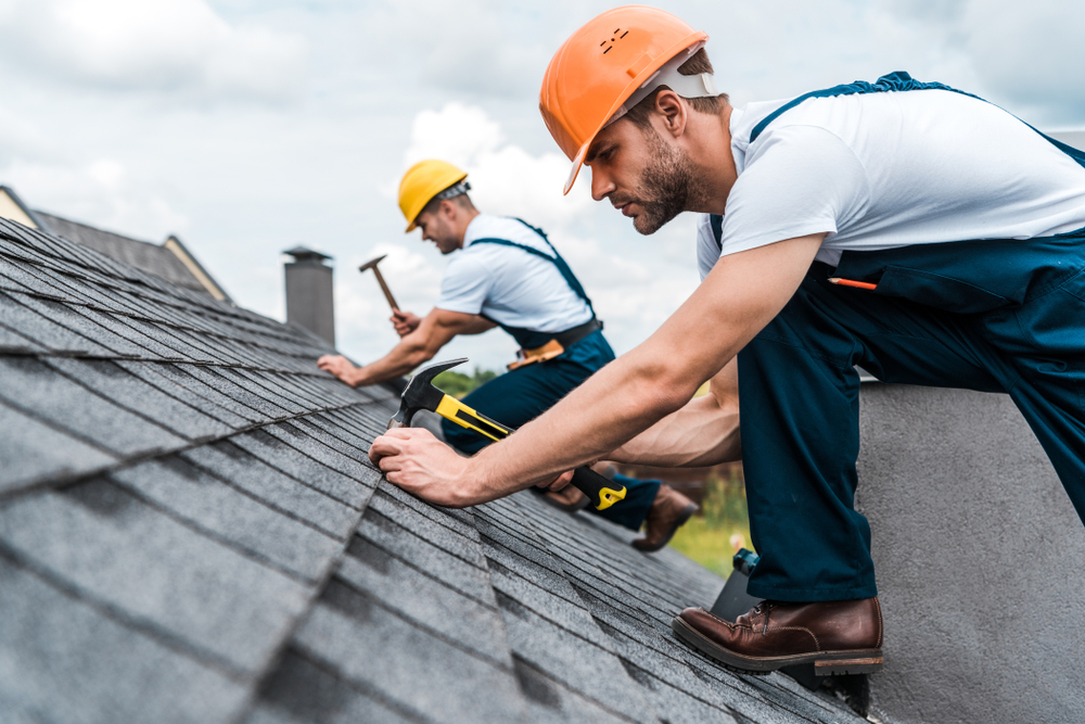 Two professional roofers in safety gear performing roof repairs on a sloped residential roof under daylight, emphasizing the importance of hiring expert contractors in Bellevue.