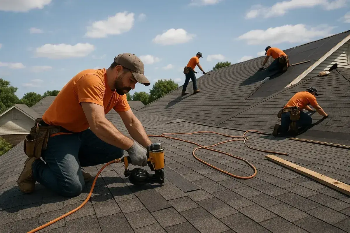 Roofing contractors installing new asphalt shingles on a residential roof under a sunny sky, wearing orange shirts and using pneumatic nail guns.