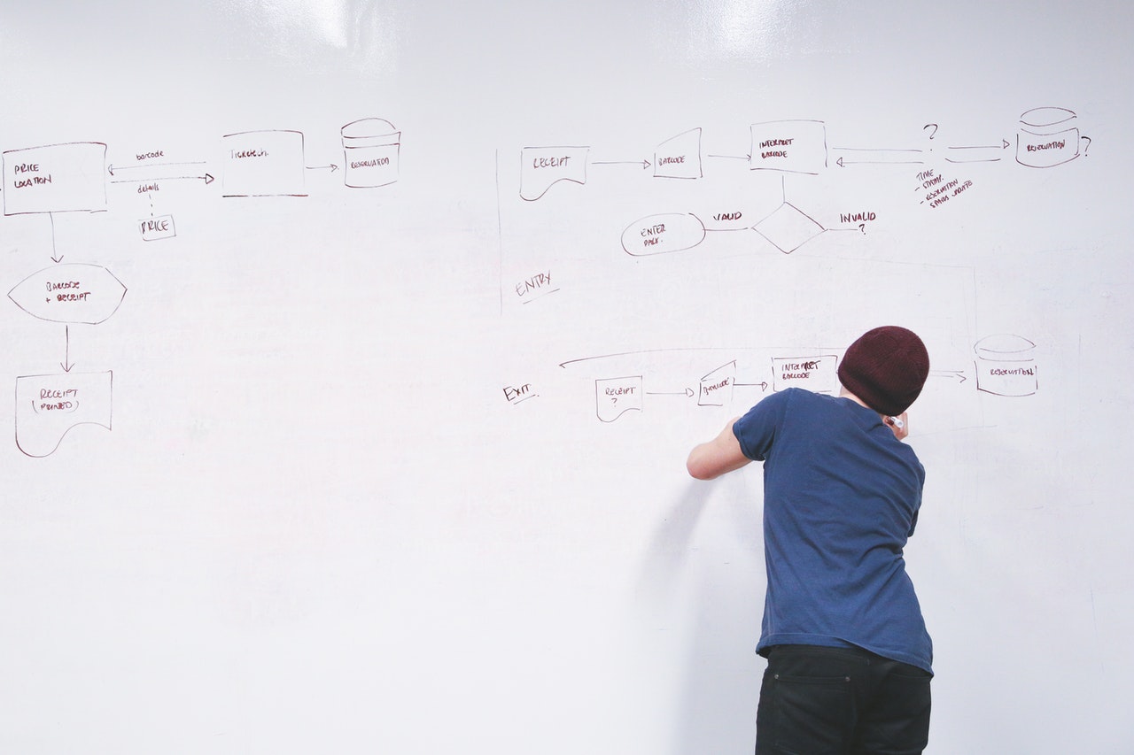 A man writes on a giant white board A man writes on a giant white board