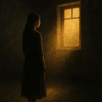 Dimly lit room with a golden beam of light illuminating a woman’s face — symbolizing the first breath after silence.”