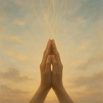 Hands in prayer position under soft golden threads of light, symbolizing spiritual connection and surrender.