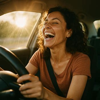 A woman laughs freely in her car, sunlight streaming through the windshield — joy and liberation in motion.