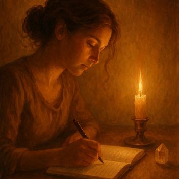 A woman journals beside a candle and crystal, golden light casting gentle shadows — sacred ritual of reflection.