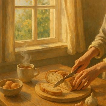 Hands prepare breakfast beside a sunlit window, tea steaming nearby — quiet peace in daily ritual.