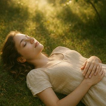 A woman lies on grass under sunlight filtering through trees, hands resting on her belly in peaceful release.