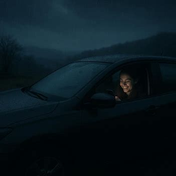 A woman sits inside a car at night in soft rain, her face lit by phone light, reflecting calm amid uncertainty.