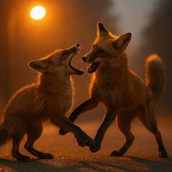 Two foxes chase each other under a dawn streetlight, symbolizing synchronicity and playful divine messages.