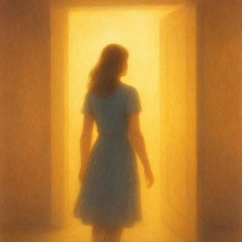 A woman stands before an open doorway glowing with golden light, representing courage and new beginnings.