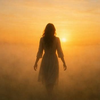 A woman steps from mist into golden sunrise light, symbolizing faith, awakening, and divine trust.
