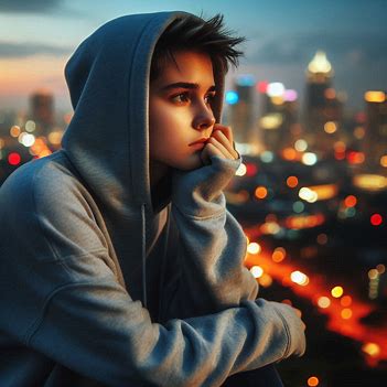 A thoughtful teenager overlooking a city at dusk, symbolizing awareness of power structures and the desire for freedom and change.