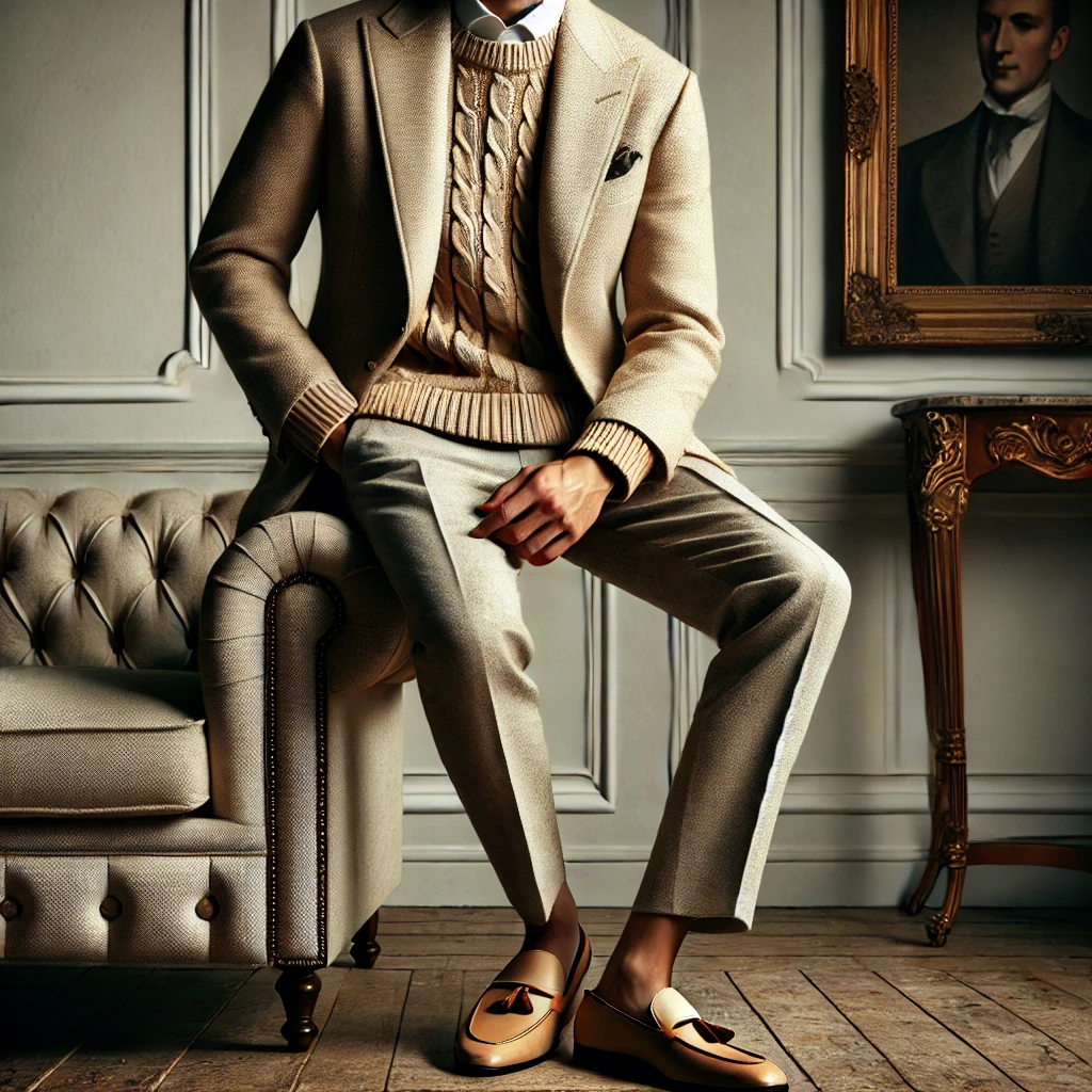 Une image élégante représentant le style "Old Money" pour les hommes. L'image doit représenter un homme vêtu d'un blazer beige, d'un pull en cachemire et de mocassins, avec un e.webp