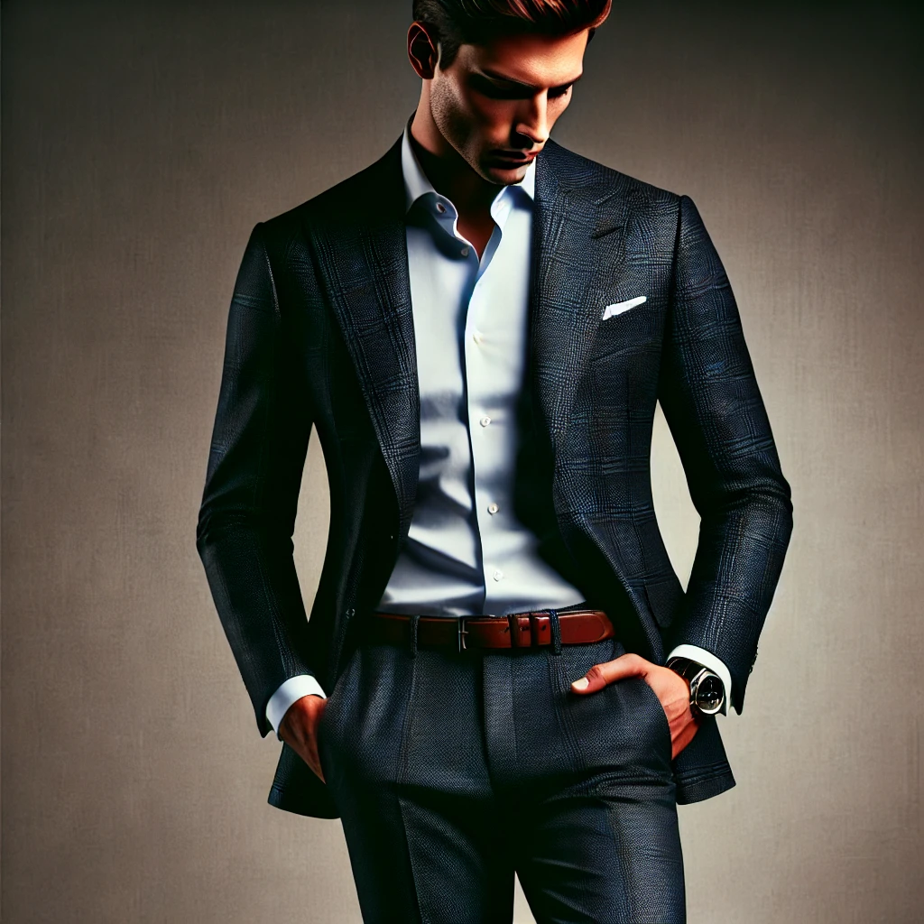 Une image élégante représentant le style "classique" pour les hommes. L'image doit représenter un homme en costume bleu marine, chemise blanche et chaussures en cuir poli.