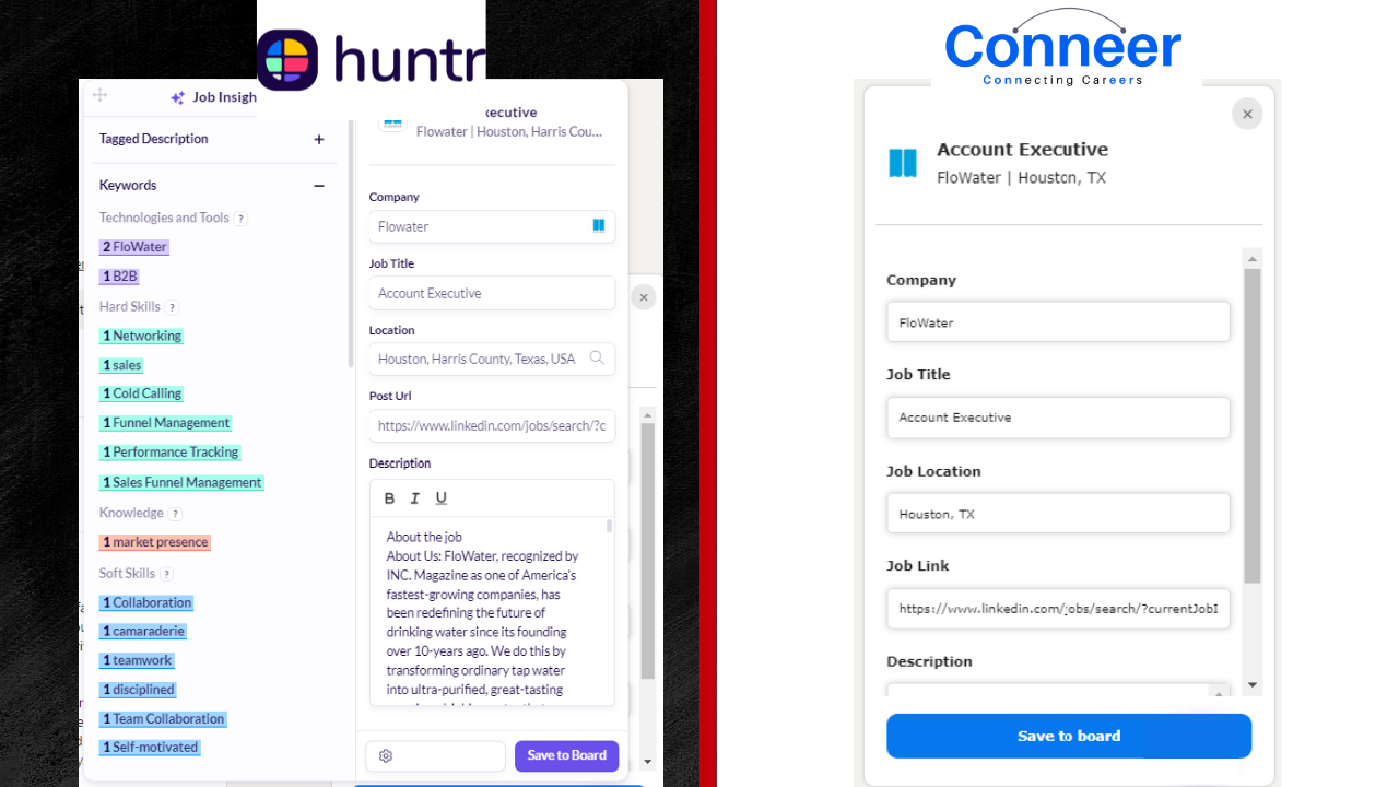 comparison of conneer chrome extension to huntr chrome extension