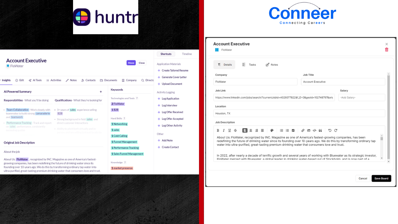 comparison of job post in conneer.com vs huntr for remote jobs