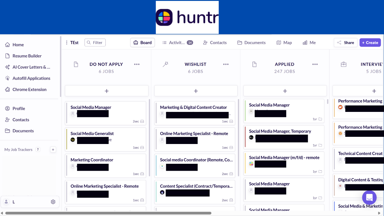 dashboard of remote jobs in huntr.co