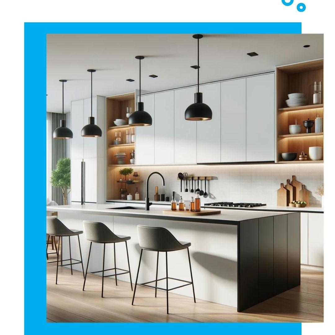 Custom kitchen design. Clean, modern, with natural wood inlays for warmth.