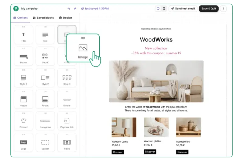 Brevo drag-and-drop email builder interface showing an ecommerce campaign template with product cards. Brevo drag-and-drop email builder interface showing an ecommerce campaign template with product cards.