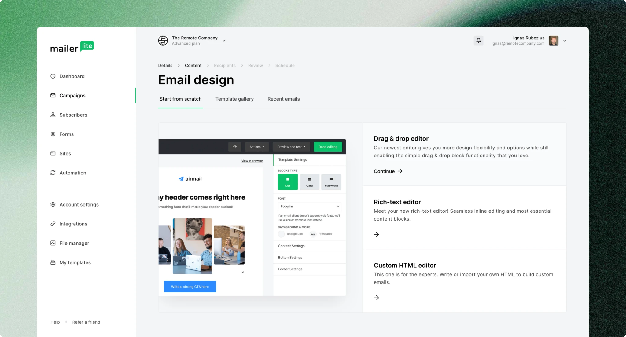 MailerLite email design dashboard showing drag-and-drop editor, template settings, and simple campaign builder UI. MailerLite email design dashboard showing drag-and-drop editor, template settings, and simple campaign builder UI.