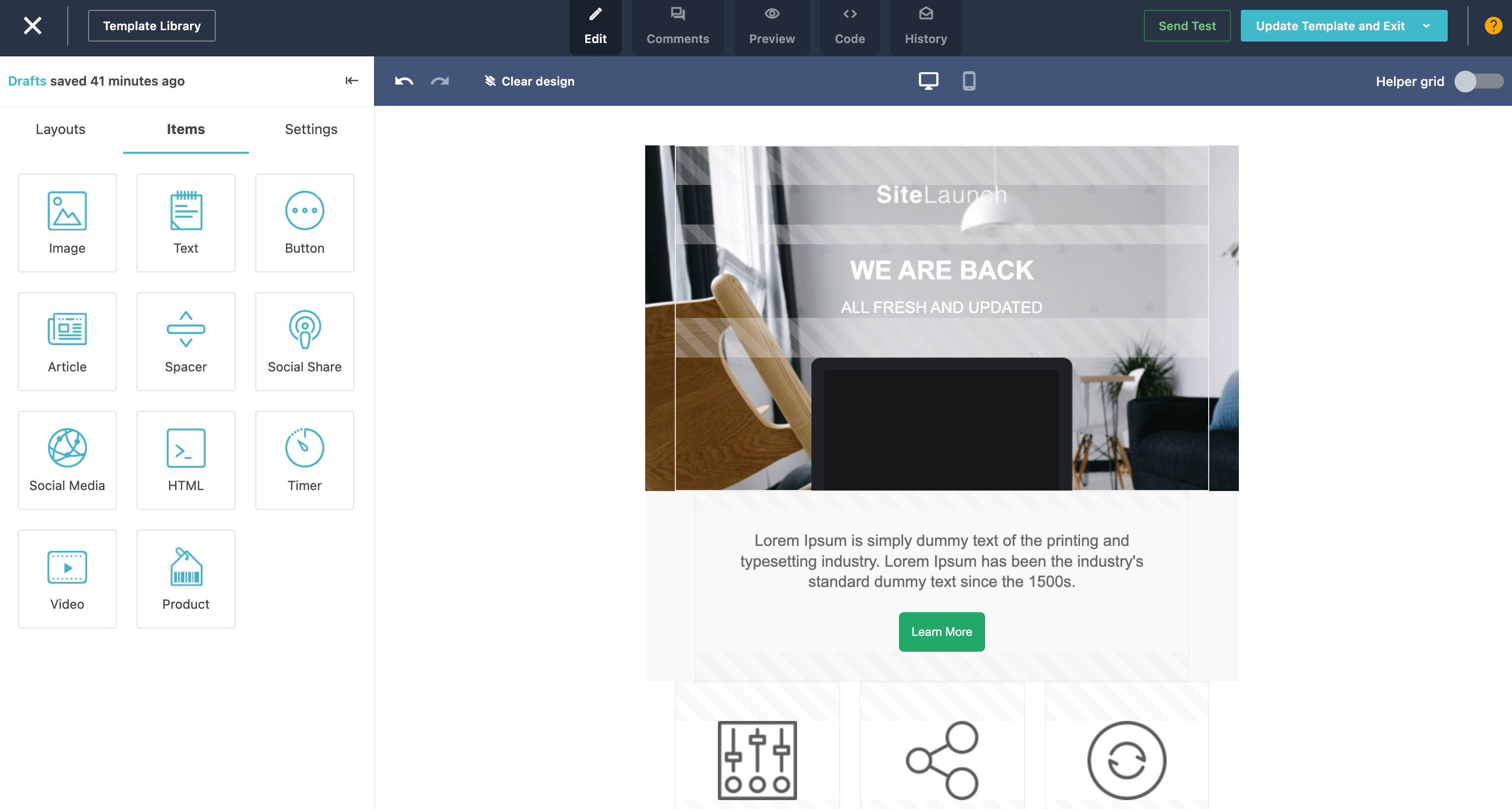 Moosend email template editor dashboard showing drag-and-drop items like text, image, button, social share, and automation tools Moosend email template editor dashboard showing drag-and-drop items like text, image, button, social share, and automation tools