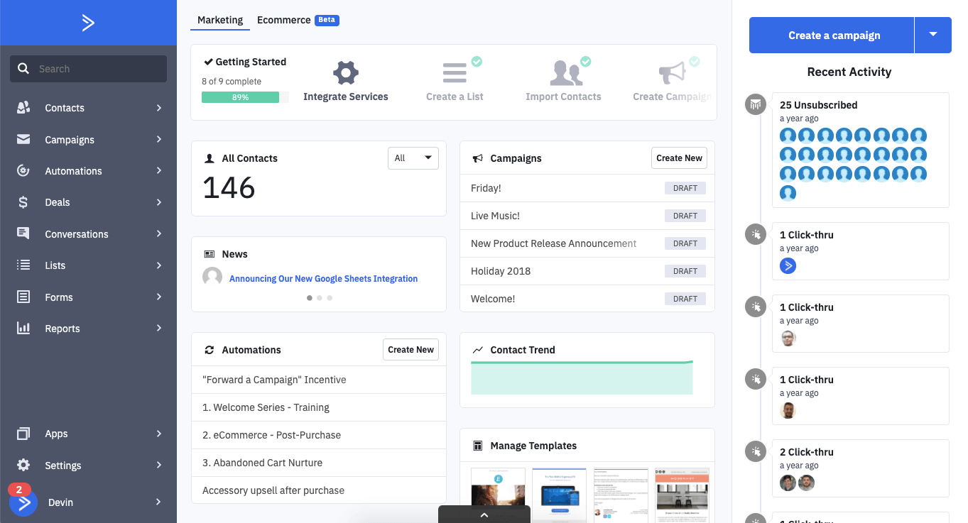 ActiveCampaign dashboard showing contacts, automations, campaigns, and CRM tools for advanced email marketing and sales. ActiveCampaign dashboard showing contacts, automations, campaigns, and CRM tools for advanced email marketing and sales.