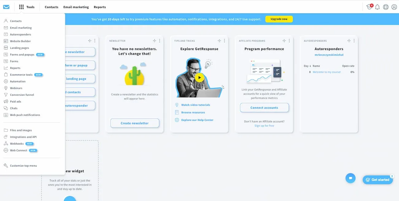 GetResponse email marketing platform showing template selection for newsletters, promotions, and automated campaigns GetResponse email marketing platform showing template selection for newsletters, promotions, and automated campaigns