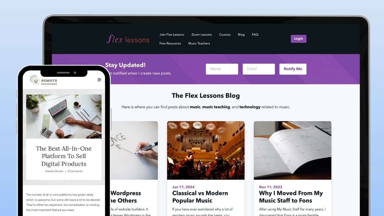 Podia blog and course platform interface displayed on tablet and mobile, showing Flex Lessons blog posts and digital product sales page Podia blog and course platform interface displayed on tablet and mobile, showing Flex Lessons blog posts and digital product sales page