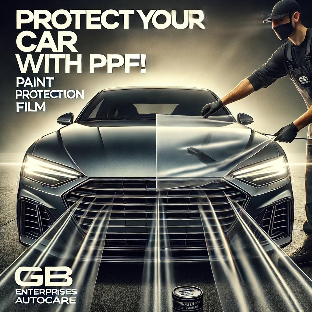 Professional Paint Protection Film (PPF) application on a sleek car at GB Enterprises AutoCare, located at 2001 Bellevue Street, Green Bay, WI 54311. Protect your vehicle’s paint from scratches, debris, and UV damage with expert services."