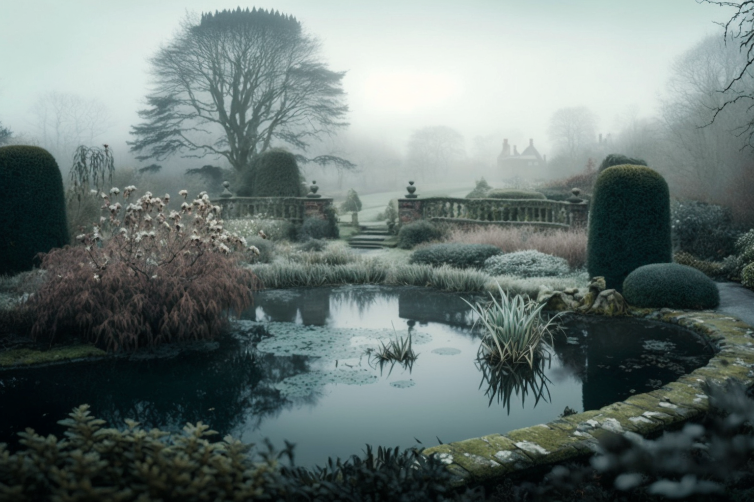 Photograph of a garden on a frosty morning