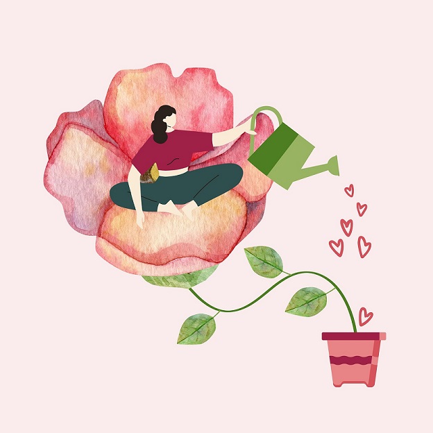 Image of woman in flower watering the flower pot used in blog post about radical self-care