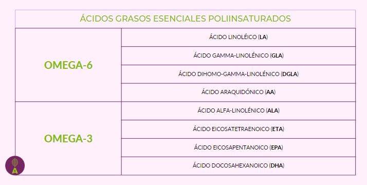 Los ácidos grasos esenciales omega 6 son el ácido linoléico, el gamma-linolénico, y dihomo-gamma linolénico y el araquidónico.Los omega 3 son el alfa linolénico, el eicosapentanoico y el docosahexanoico Los ácidos grasos esenciales omega 6 son el ácido linoléico, el gamma-linolénico, y dihomo-gamma linolénico y el araquidónico.Los omega 3 son el alfa linolénico, el eicosapentanoico y el docosahexanoico