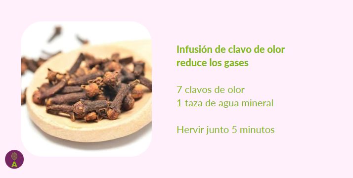 Receta infusión clavo de olor para aliviar los gases que se producen al introducir más fibra en la dietaLos ingredientes son 7 clavos de olor y una taza de agua mineral. Se hierve todo junto 5 minutos y se disfruta caliente. Mejor después de las comidas.