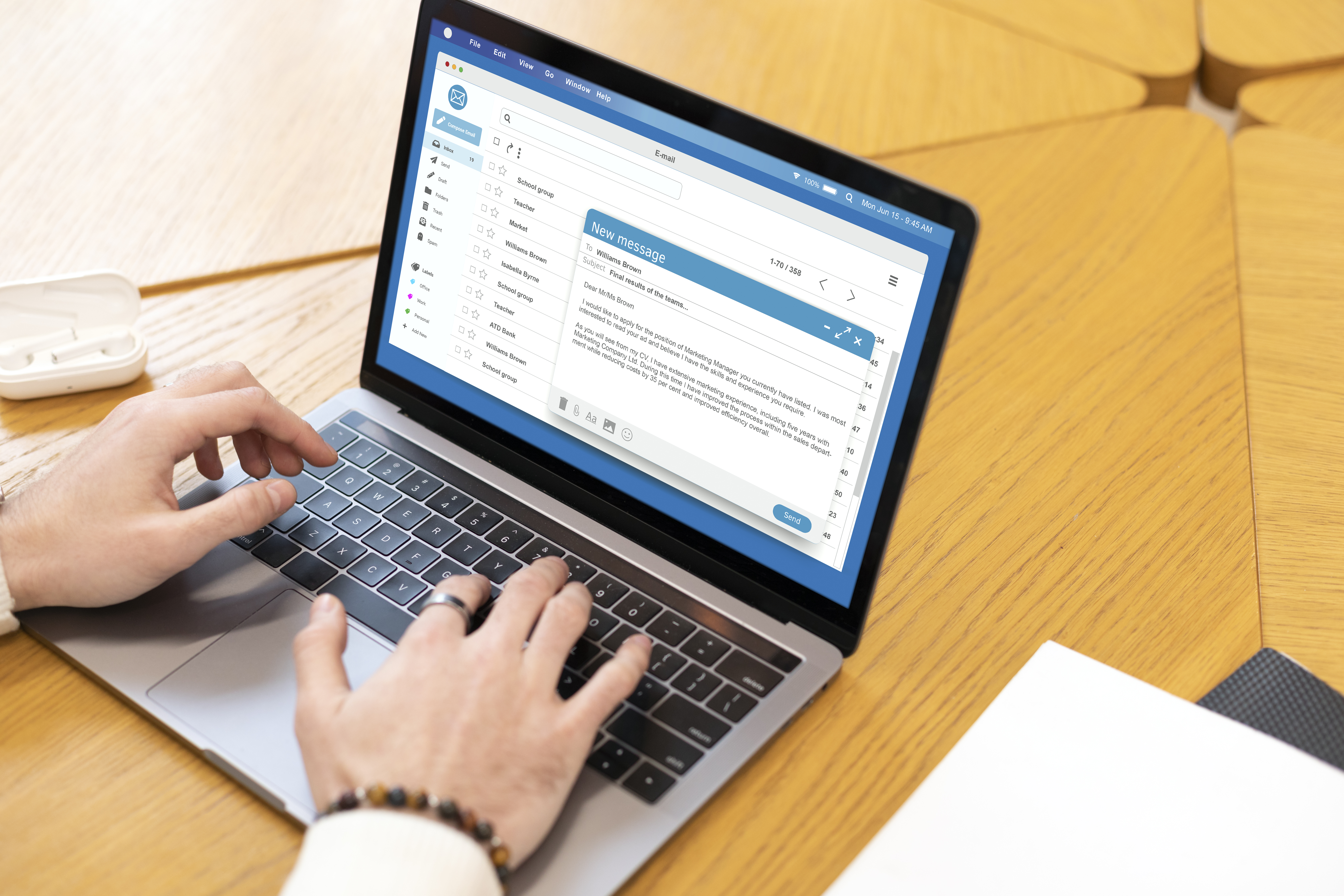 Homeowner emailing offer instructions with an “Offers reviewed Tue 6 p.m.” note visible on a desk.