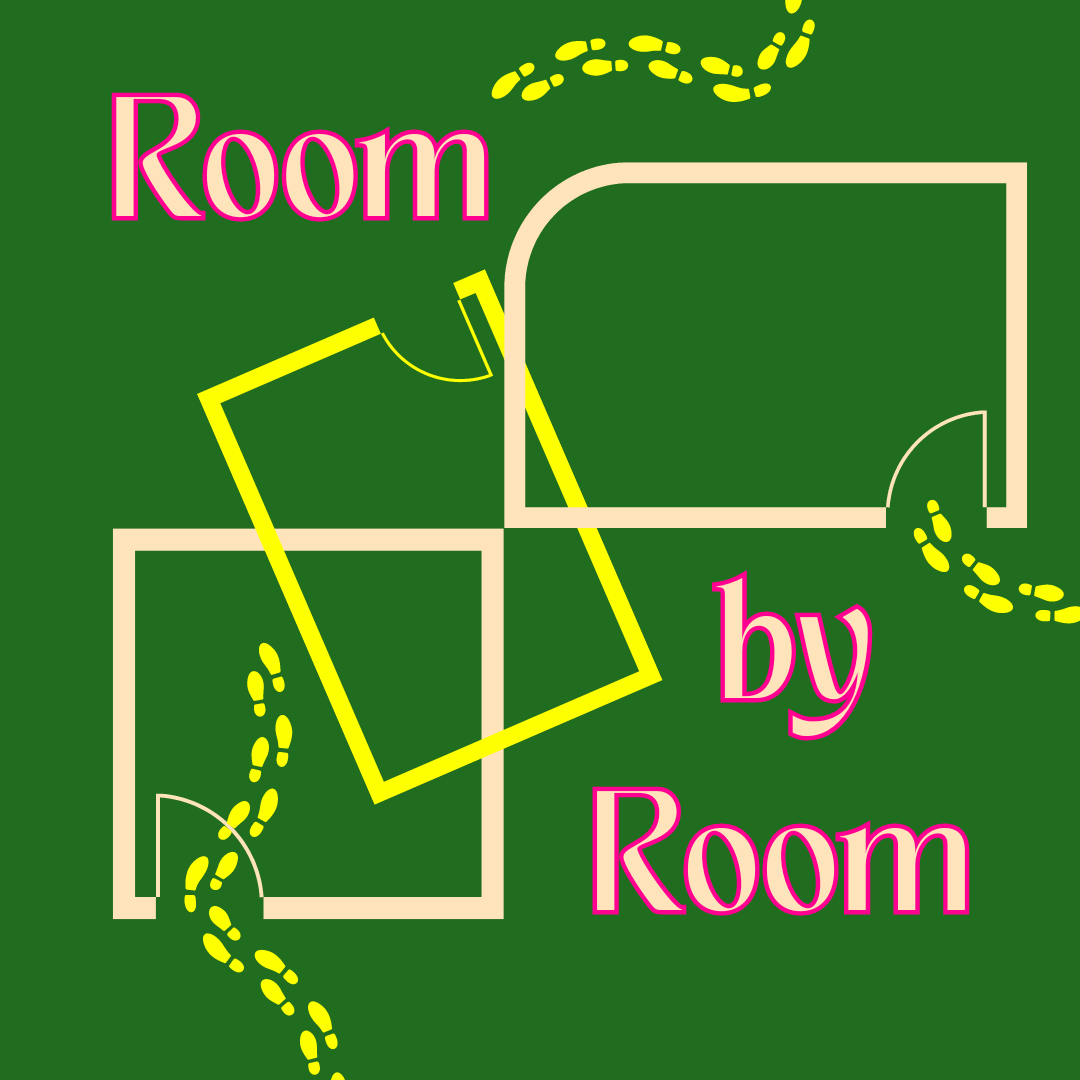 'Room-by-Room' graphic featuring a floor plan and footprints 'Room-by-Room' graphic featuring a floor plan and footprints