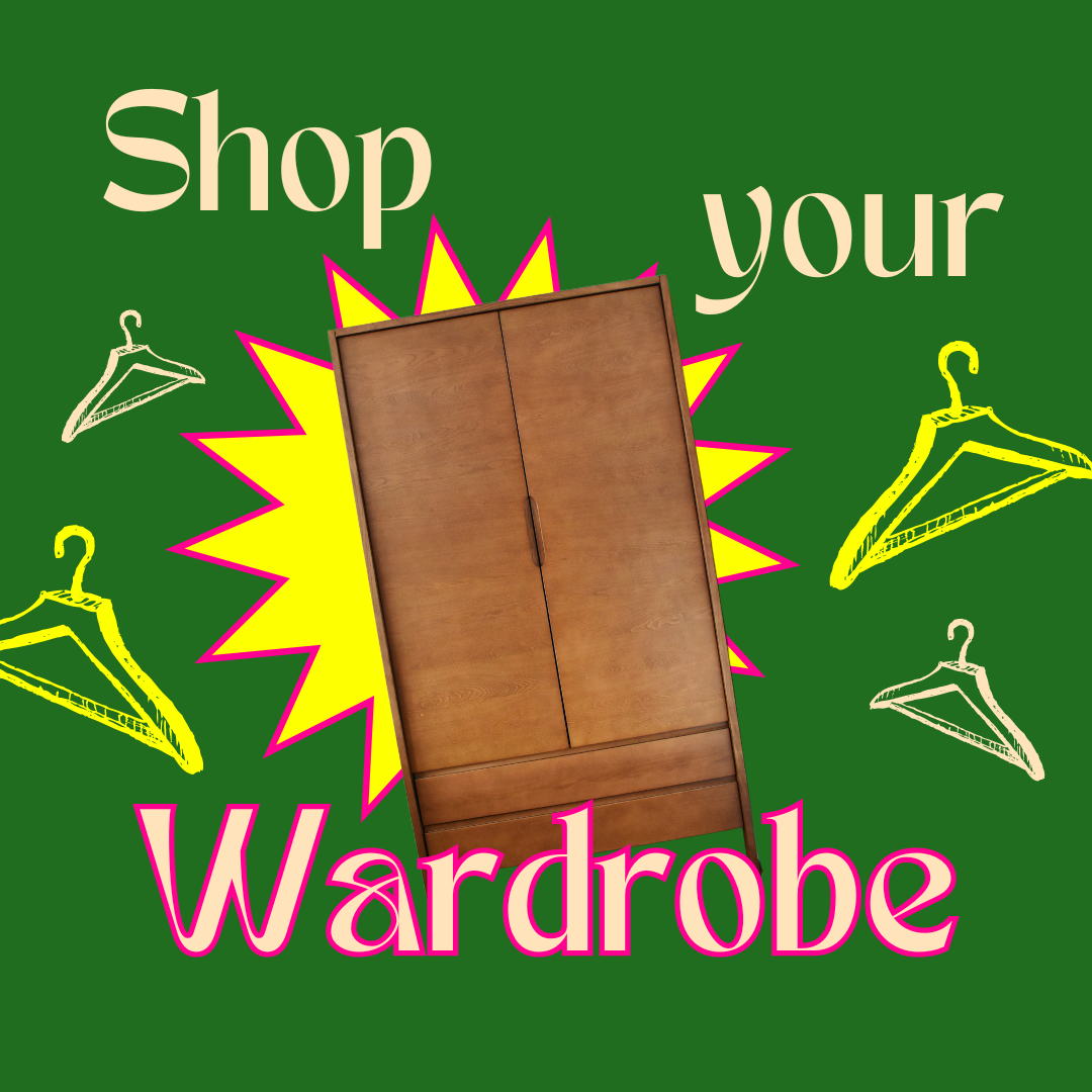 'Shop your own wardrobe', image of a wardrobe in centre with illustations of hangers around 'Shop your own wardrobe', image of a wardrobe in centre with illustations of hangers around