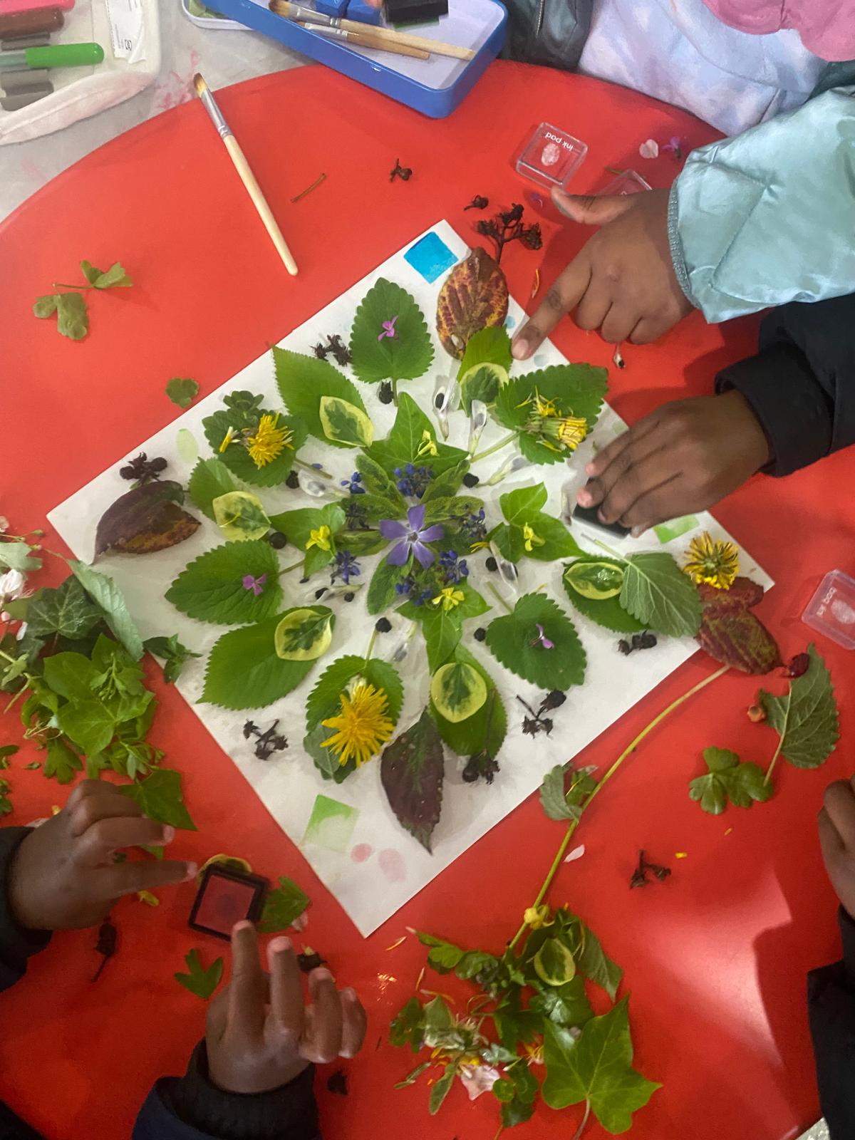 children arranging flowers and leaves in a mandala pattern children arranging flowers and leaves in a mandala pattern