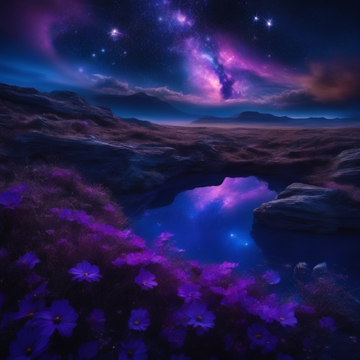 A serene landscape in hues of blue and purple.