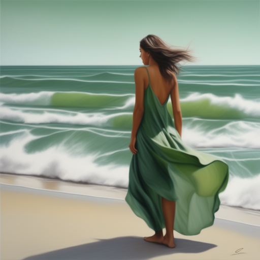 A woman strolling on a calm beach, ocean waves, hues of green.