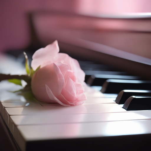 Closeup view of a pink rose resting on the keys of a piano.  