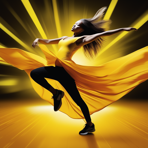 A woman dancing and full of energy, orange hues and splashes of color.