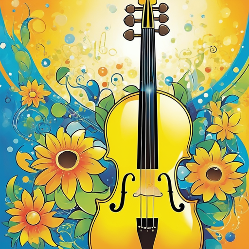 An abstract image of a cello surrounded by musical notes and a colorful backdrop.