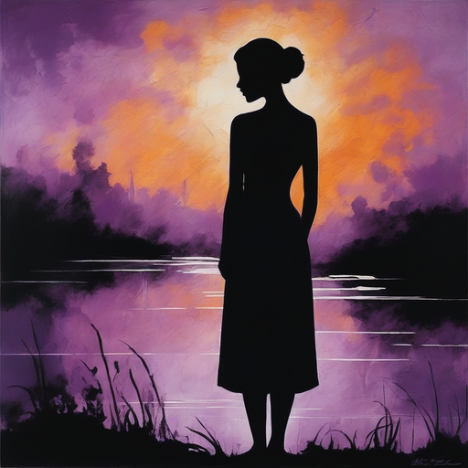 Silhouette of a woman and a beautiful purple landscape.